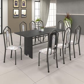 Conjunto de Mesa 180x75cm Tampo Ardósia com 8 Cadeiras Bianca Soma Móveis Martelado Prata/Ardosia Indiano/Botanic Bege
