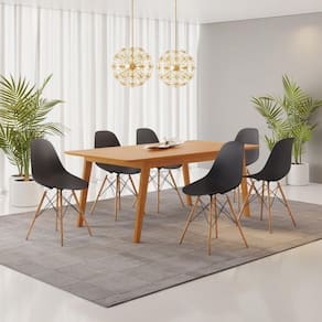 Conjunto Mesa de Jantar Madeira Maciça Retangular com 6 Cadeiras Eames Cinamomo/Preto