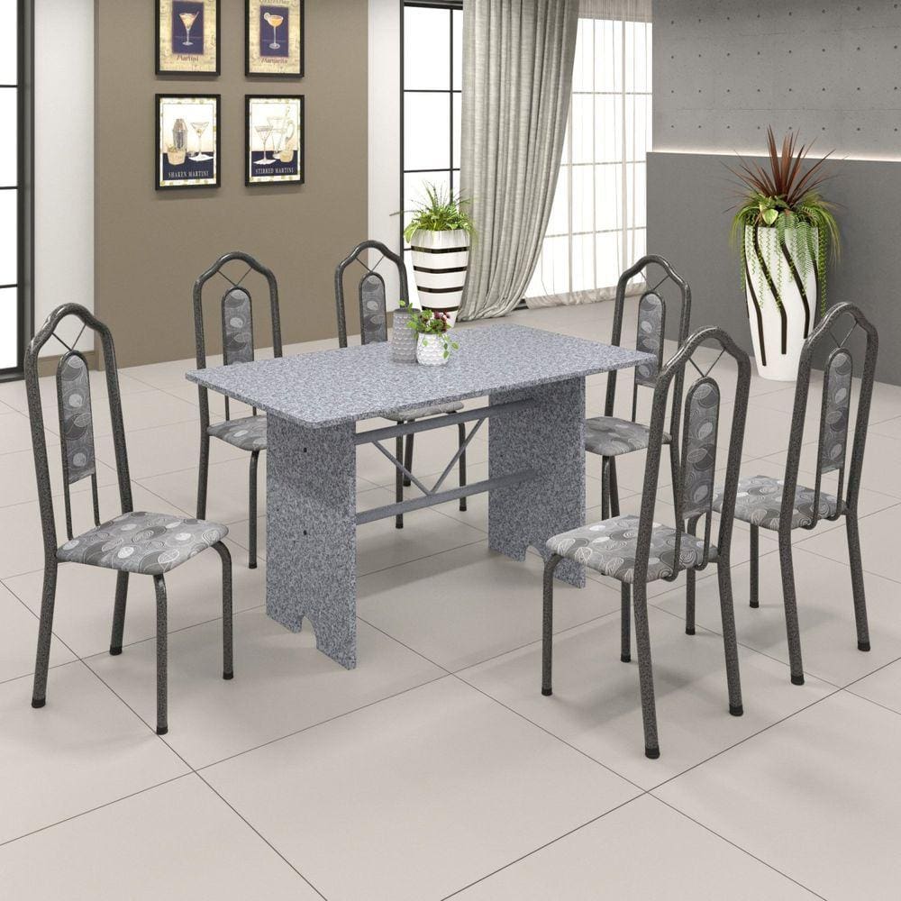 Conjunto de Mesa 140x75cm Tampo Granito com 6 Cadeiras Bianca Soma Móveis Martelado Prata/Granito Ocre/Paraopeba