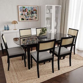 Conjunto Mesa de Jantar Tampo Vidro e MDF 1,80m e 6 Cadeiras Tiê CabeCasa MadeiraMadeira Preto/Cinza