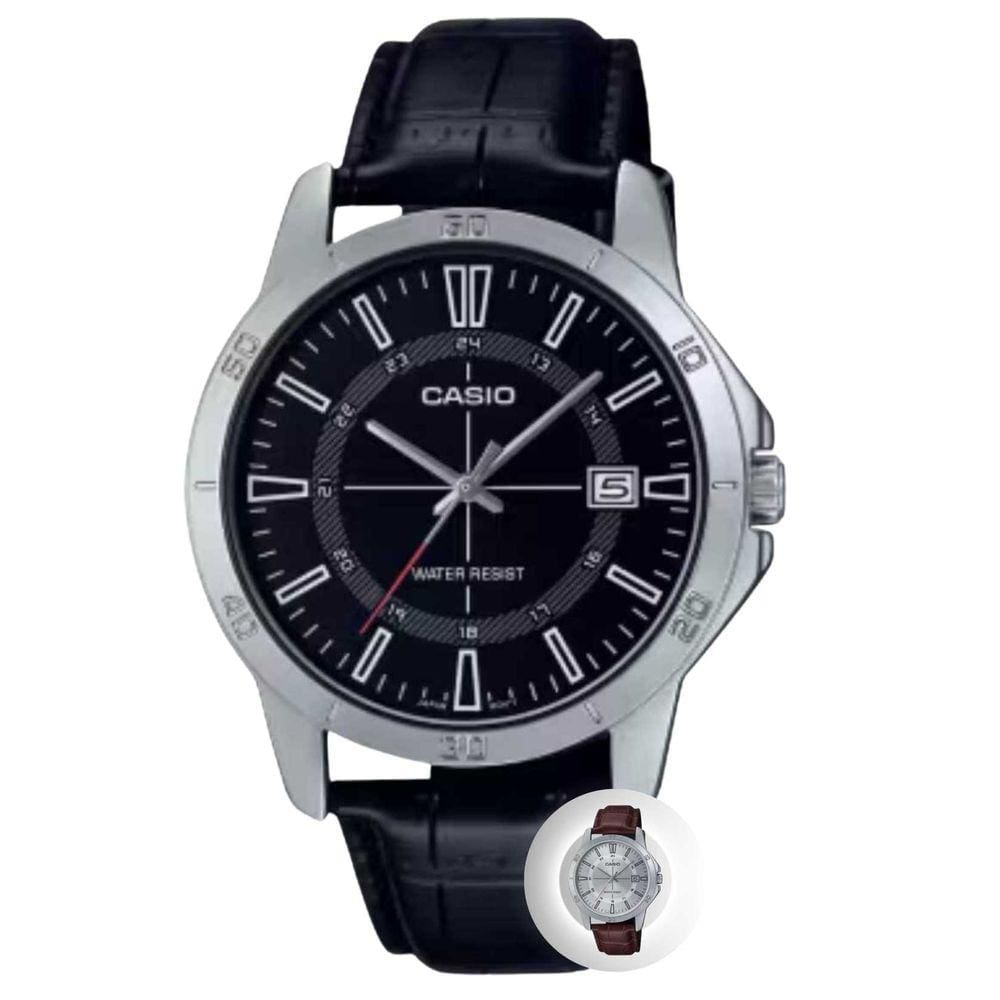 Relógio de Pulso Casio Masculino Redondo Pulseira Couro Prova Dagua 30 Metros Quartz Analógico Casual Prata MTP-V004L