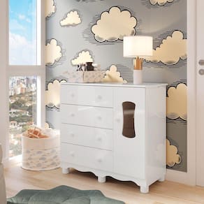 Cômoda de Bebê 1 Porta com Janela e 4 Gavetas 100% Mdf Lana Espresso Móveis Branco Brilho
