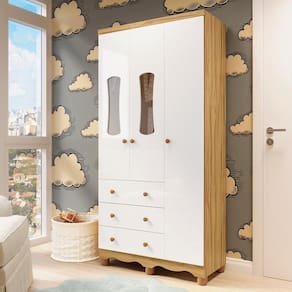 Guarda-roupa de Bebê 2 Portas com Janela 3 Gavetas 100% Mdf Lana Espresso Móveis Branco Brilho/Amêndoa
