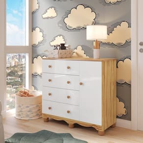 Cômoda de Bebê com 1 Porta e 4 Gavetas 100% MDF Mimo Branco Brilho/Amêndoa