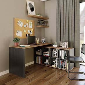 Mesa em L Escrivaninha 140x130cm Barcelona com 8 Nichos DRD Móveis Preto/Amadeirado Montana