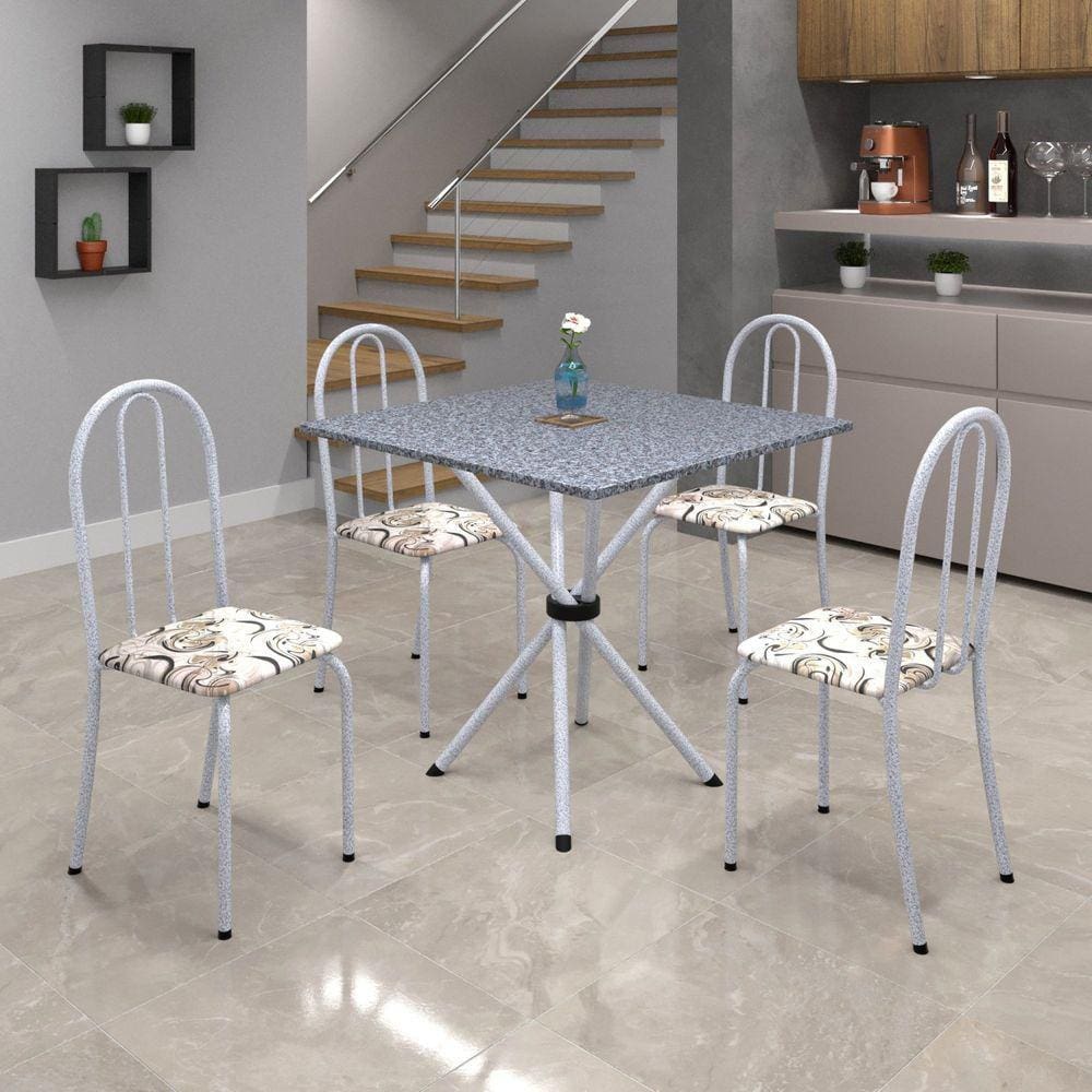 Conjunto de Mesa Tubular 70x70cm Tampo em Granito com 4 Cadeiras Ane B Soma Móveis Arabesco/Martelado Pérola/Granito Ocre