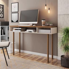Mesa Office Retrô Megan Pés em Madeira Maciça Caemmun Off White/Nogueira Caiena
