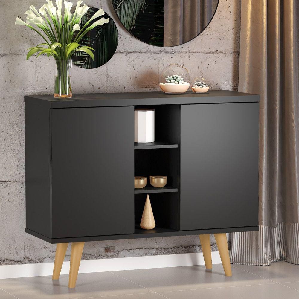 Buffet Saymon 2 Portas 3 Nichos Pés Palito Viero Móveis Preto