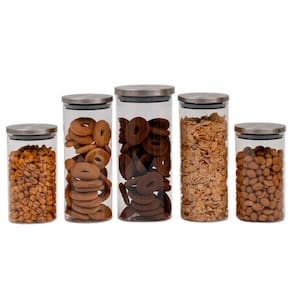 kit 5 potes de vidro com tampa de inox redondo 700ml, 950ml, 1,3L - oikos