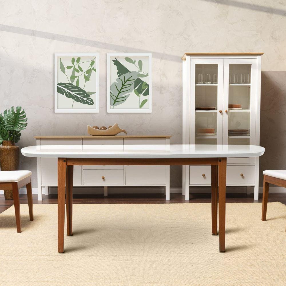 Mesa Oval 6 Lugares 1,6m Tampo Vidro e MDF Tiê CabeCasa MadeiraMadeira Amêndoa/Off White