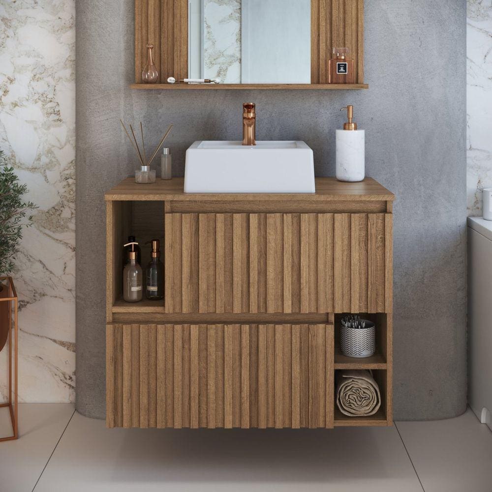 Gabinete de Banheiro Suspenso 75cm Luiza com 2 Portas Basculante com Cuba Mel