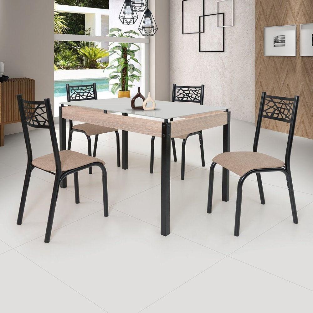 Conjunto Sala de Jantar Mesa Jade 120x75cm Tampo Vidro com 4 Cadeiras Ciplafe Preto/Linho Bege