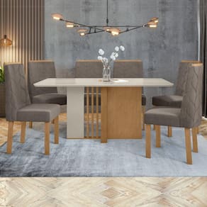 Conjunto Sala de Jantar Mesa Tampo MDF/Vidro e 6 Cadeiras Astrid Móveis Lopas Amendoa Clean/Off White/Suede Animale Bege