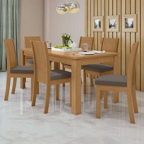 Conjunto Mesa 180x90cm Tampo MDP 6 Cadeiras Athenas Móveis Lopas Amêndoa Clean/Suede Animale Bege