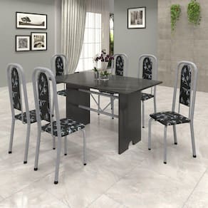 Conjunto de Mesa 140x75cm Tampo Ardósia com 6 Cadeiras Lavínea Soma Móveis Martelado Pérola/Preto Floral