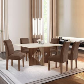Conjunto Sala de Jantar Mesa Laura Tampo Dakota Plus 160X80cm com 6 Cadeiras Laura Yescasa Chocolate/Off White/Suede Animale