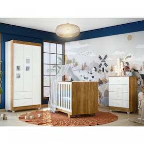 Quarto de Bebê 100% MDF Berço Minicama com Colchão, Cômoda e Guarda Roupa 3 Portas Life Branco/Ypê