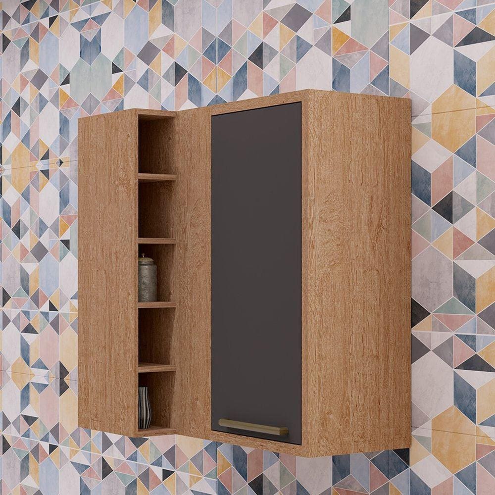 Armário Aéreo de Cozinha Canto Reto com 1 Porta e Mini Adega 100% MDF Vicenza Castanho/Cinza