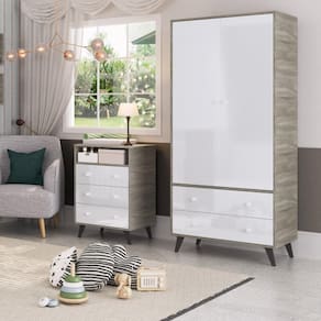 Quarto de Bebê Completo Roupeiro 2 Portas 2 Gavetas com Cômoda 3 Gavetas 1 Nicho Nuvem Móveis Percasa Fresno/Branco