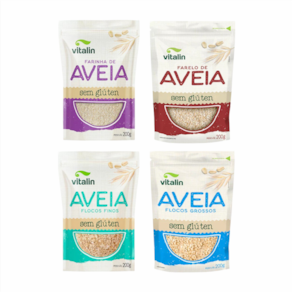 Kit 4 Aveia Sem Glúten Vitalin: Farelo, Farinha, Flocos Finos, Flocos Grossos