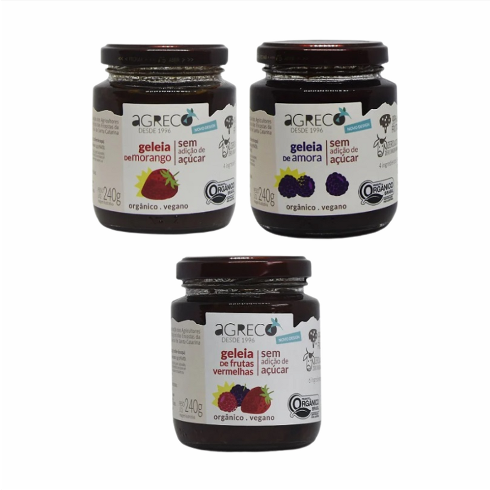 Kit 3 Geleias de Berries Sem Açúcar Agreco: Frutas Vermelhas, Amora, Morango