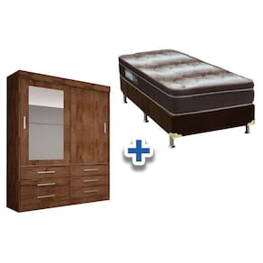 Cama Box Solteiro + Colchão Light Ortobom + Guarda Roupa Sonare Canela