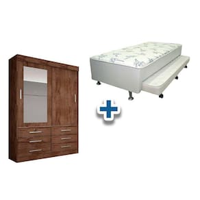 Cama Box Conjugada Solteiro Ortopédica c/ Aux + Guarda Roupa Sonare Canela