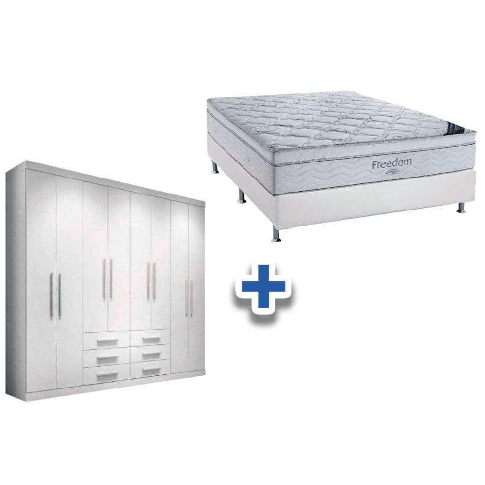 Cama Box Casal + Colchão Freedom Ortobom + Guarda Roupa Master 8.6 Branco