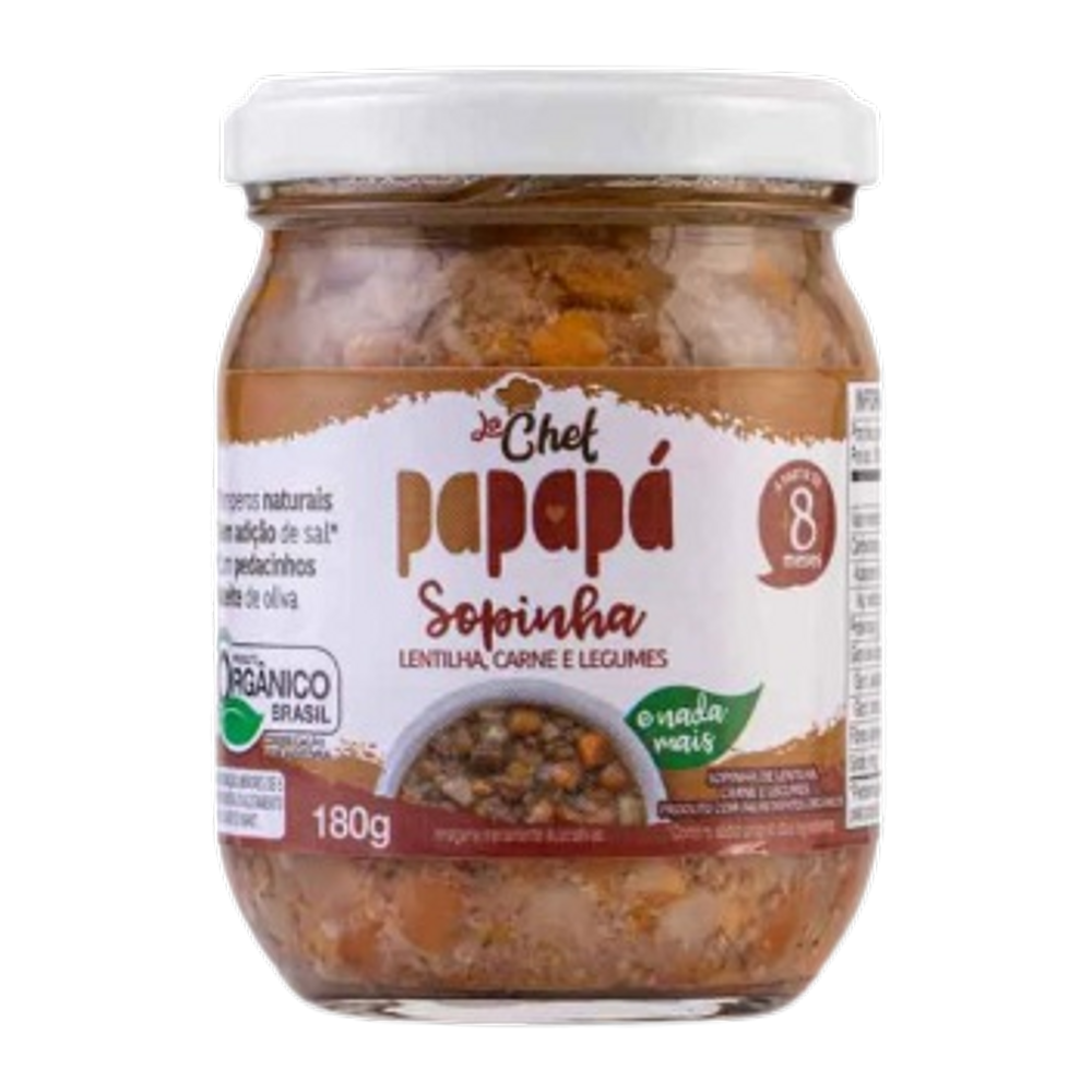 Kit 6X: Sopinha em pedaços Lentilha, Carne e Legumes Orgânica Papapá 180g