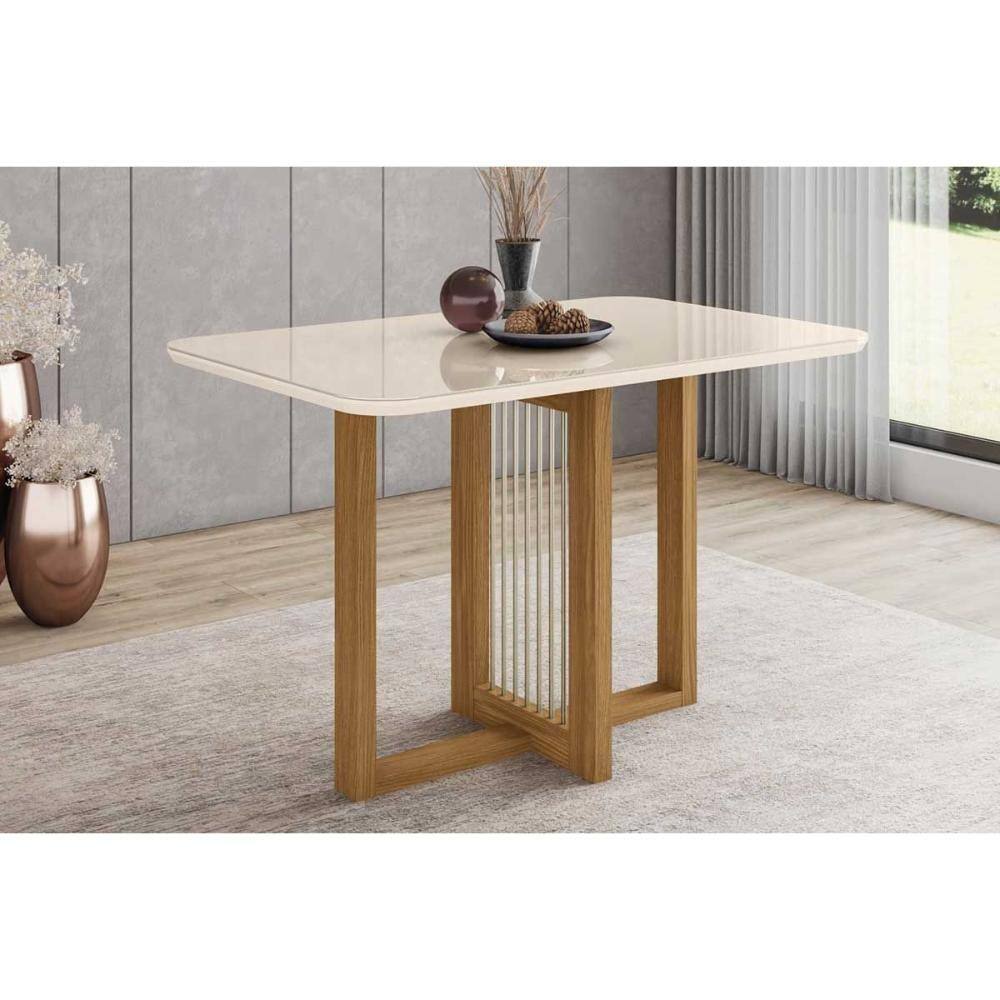 Mesa para Cozinha Natalí SC73 c/Tampo Madeirado Vidro Curvo 120x80cm Nature/Off White - Henn
