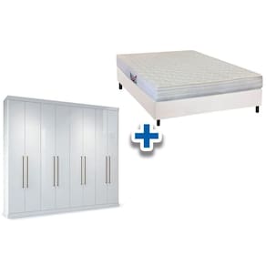 Cama Box Casal + Colchão Frontier Herval + Guarda Roupa Master Vip 8.4 Branco