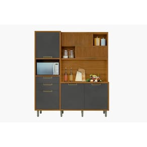Cozinha Completa Loft Imperatriz 3Nichos Microondas c/6Portas e 2Gavetas Ripado 183x212cm Freijo/Grafite - Nesher
