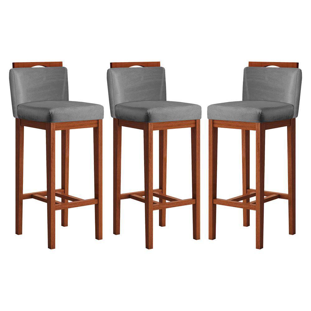 Kit 3 Banquetas Média para Cozinha 38x92 Cm Líbia Madeira Maciça Suede CCS