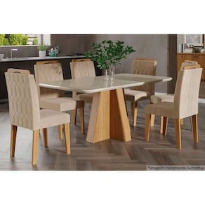Conjunto: Mesa Sala Jantar Maitê c/ Tampo Madeirado c/ Vidro Canto Reto 160cm + 6 Cadeiras Paola Nature/OW/Nude - Cimol