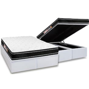 Cama Box Baú Queen: Colchão Espuma Castor D33 Black e White Air Double Face Euro Pillow + Base CRC Courano White(158x198)