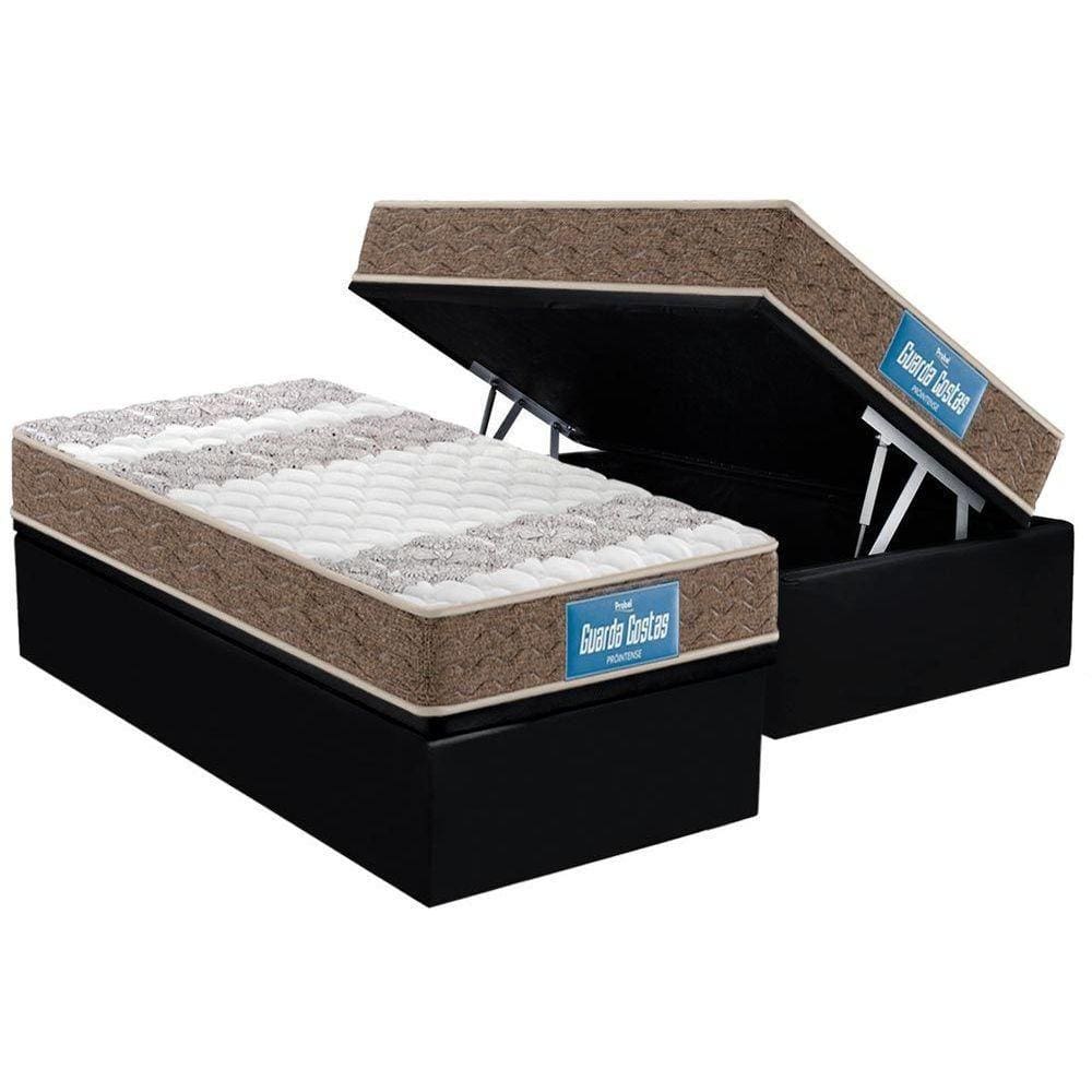 Cama Box Baú Solteiro: Colchão Anatômico Probel D33 / EP Guarda Costas PróIntense Plus Double Face + Base CRC Courano Black(88x188)