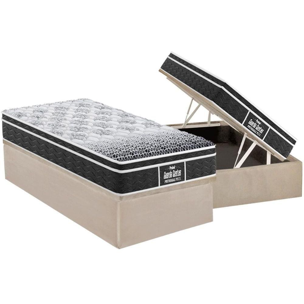 Cama Box Baú Solteiro: Colchão Anatômico Probel D28 / EP Guarda Costas PróMiddle Plus + Base CRC Suede Clean(88x188)