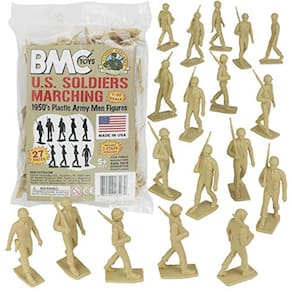 BMC Marx Plastic Army Men Marchando soldados dos EUA - Tan 27pc WW2 Figuras feitas nos EUA