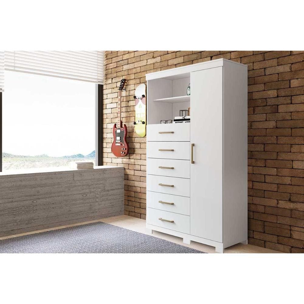 Cômoda de Quarto Marabá 1.6 c/ 1 Porta 2 Nichos e 6 Gavetas c/ Pés Branco - Santos Andirá