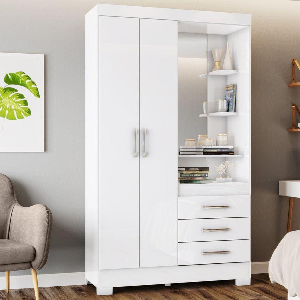Guarda Roupa Solteiro 2 Portas 3 Gavetas Pequin Briz Branco/Branco/Rosa Chá