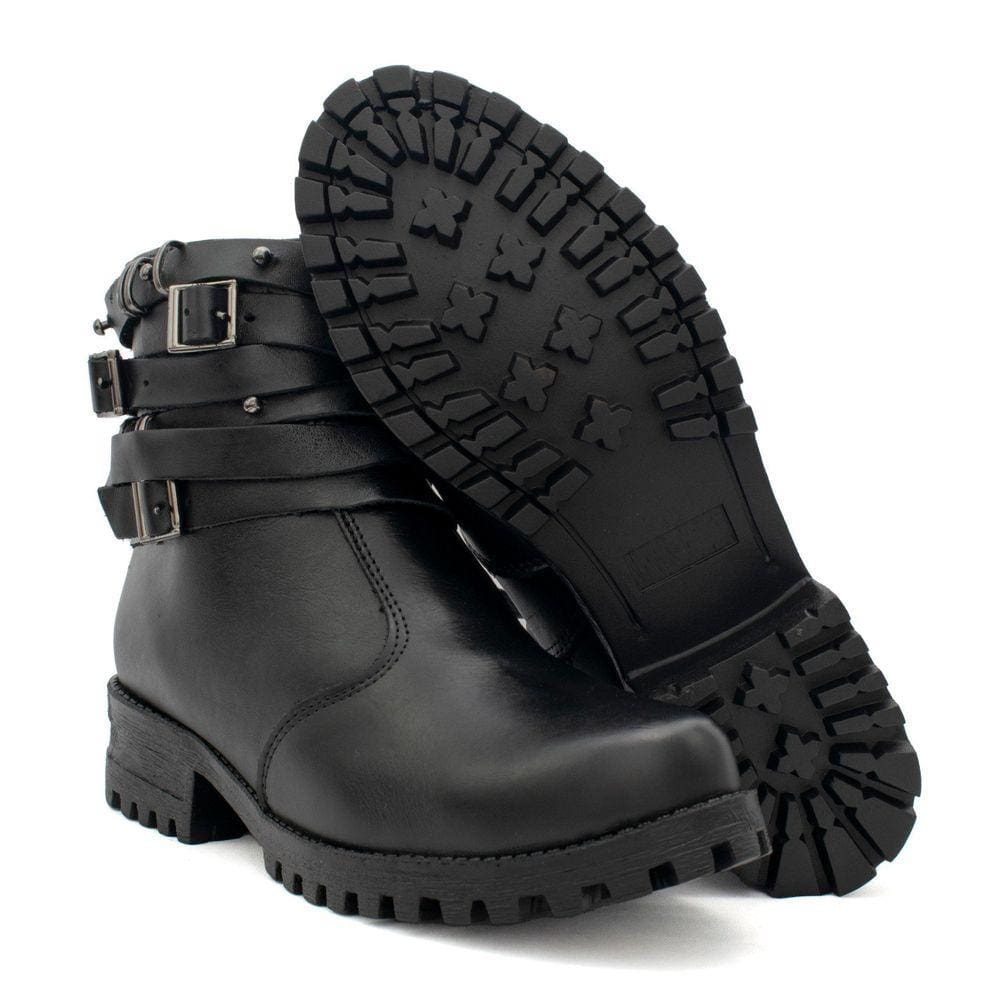 Bota Feminina Coturno Couro Detalhe Tiras e Fivelas Preto