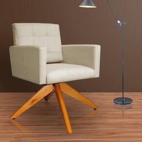 Poltrona Estofada Base Giratoria Madeira Camila Suede Bege - LM DECOR