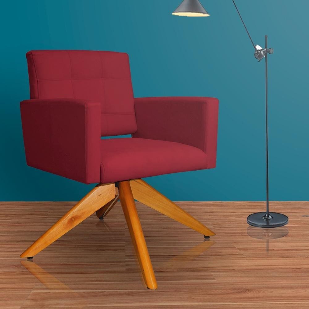 Poltrona Estofada Base Giratoria Madeira Camila Suede Vermelho - LM DECOR