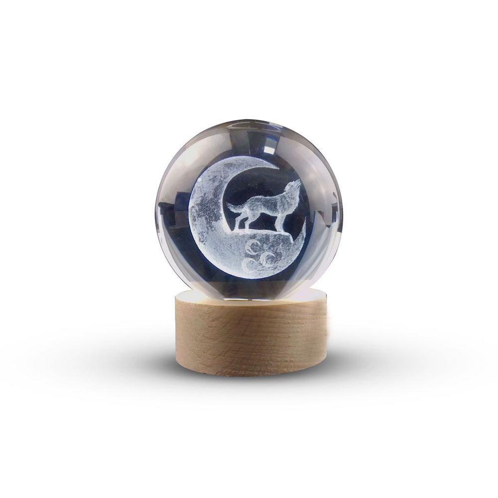Luminária Abajur Globo Vidro Lobo Led Usb Enfeite Decorativo Vidro De 3D Base De Madeira