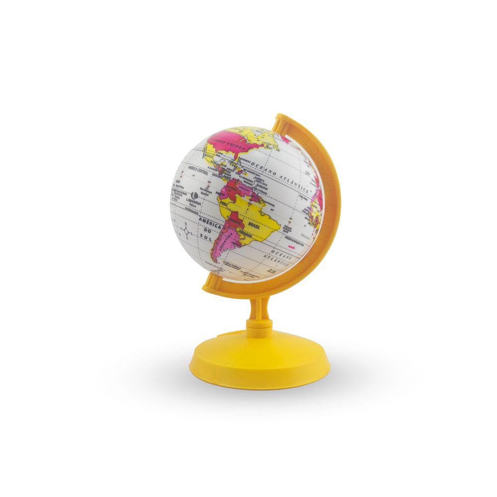 Globo Terrestre 16cm Baby Amarelo Base e Haste em Poliestireno Mapa Mundi Nome de Países e Oceanos