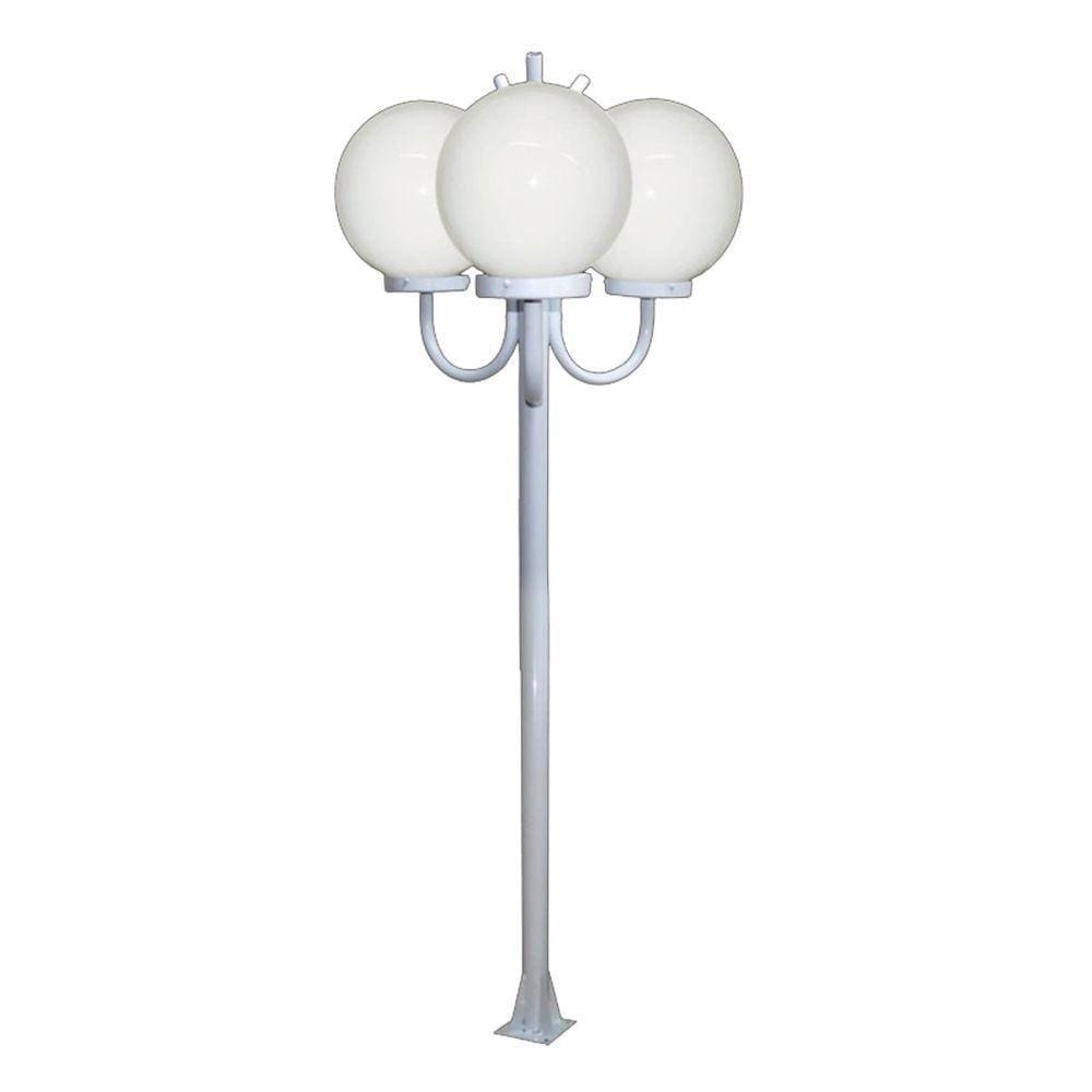 Poste Luminária Globo P Triplo Braço Curvo Cima Branco 300cm