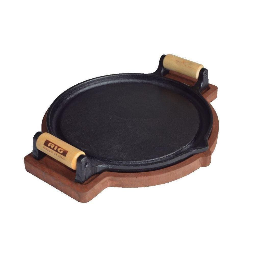 Chapa Petisco De Ferro Redonda Com Suporte De Madeira 24Cm