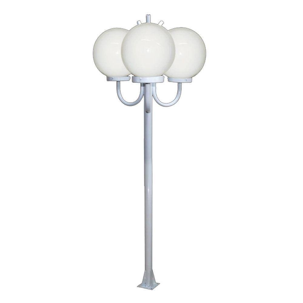 Poste Luminária Globo G Triplo Braço Curvo Cima Branco 300cm