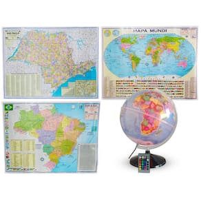 Kit Globo Terrestre Prisma RGB 30cm + Mapa do Estado de SP + Mapa do Brasil + Mapa Mundi Edição Atualizada