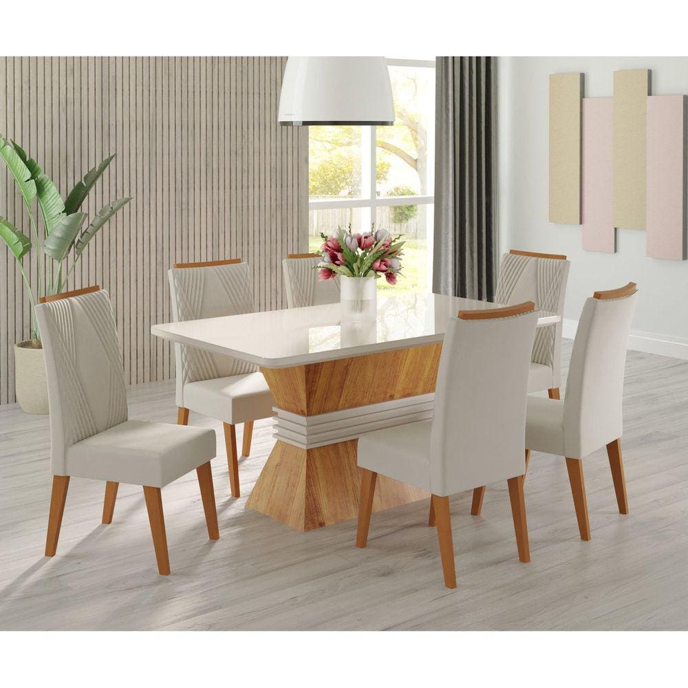 Mesa de Jantar Retangular Jana com 6 Cadeiras Vegas Mel/Marfim/Off White